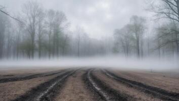 Cleared forest area with muddy tracks and fog under cloudy sky in the early morning. photo