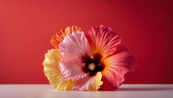 Colorful Hibiscus Flowers on Red Background. photo