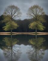 Two trees are reflected in a lake photo
