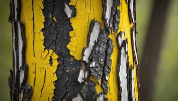 A close up of a tree with yellow paint photo