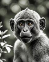 A black and white photo of a monkey