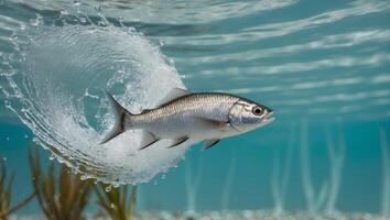 A fish is swimming in the water with a wave photo
