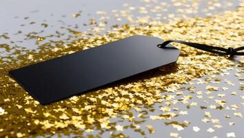 A black price tag on a gold background photo