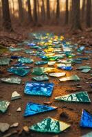 A path in the woods with broken glass pieces photo