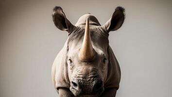 A rhino is standing in front of a gray background photo