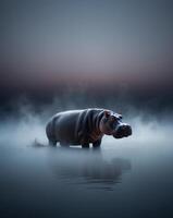 A hippo standing in the water with fog photo