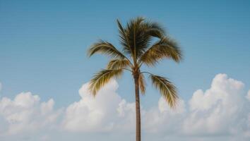A palm tree stands in front of a blue sky photo