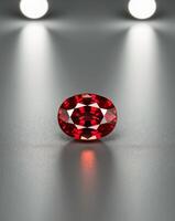 A red diamond on a table in front of three spotlight photo