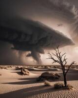 A dead tree in the desert under a stormy sky photo
