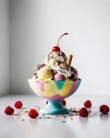 An ice cream sundae with rainbow sprinkles and cherries photo
