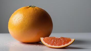 A grapefruit and a half eaten orange on a white surface photo