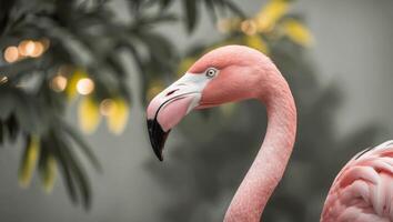A close up of a pink flamingo with a green background photo