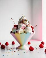 An ice cream sundae with sprinkles and raspberries photo