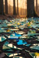 Broken glass scattered on the ground in a forest photo