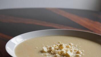 A bowl of soup with cheese on top photo