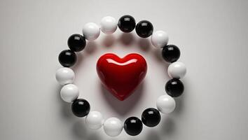 A red heart surrounded by black and white beads photo