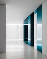A white hallway with blue glass doors photo