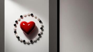 A red heart is on a white wall with black and white beads photo