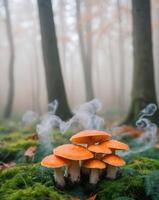 Mushrooms in the forest with smoke coming from them photo
