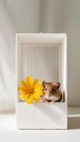A hamster in a cage with a yellow flower photo