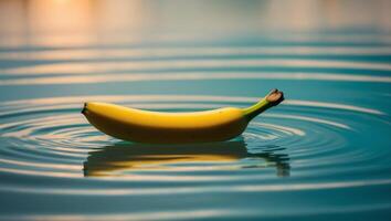 Banana floating in water with reflection of sun photo