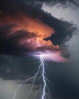 Lightning striking a cloud with a red and orange sky photo
