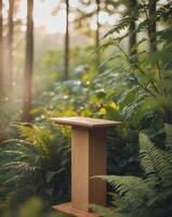 Wooden Podium in Forest Garden at Sunrise for Display. photo