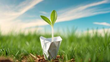 Seedling emerging from paper in a grassy field under a blue sky. photo