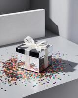 Shiny silver gift box with bow and confetti on a gray surface. photo