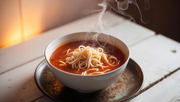 Noodles in Tomato Soup Served on a Wooden Surface. photo