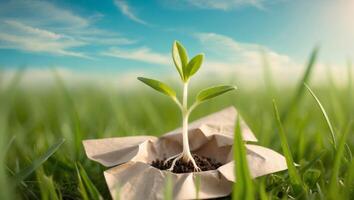 Seedling emerging from paper in a grassy field under a blue sky. photo