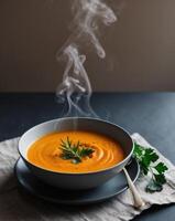 Steaming Hot Bowl of Butternut Squash Soup Garnished with Fresh Herbs on Dark Background. photo