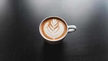 Top View of Latte Art Coffee Mug With Bean on Table Minimal Design Coffee Shop Concept. photo