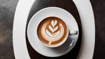 Top View of Latte Art Coffee Mug With Bean on Table Minimal Design Coffee Shop Concept. photo