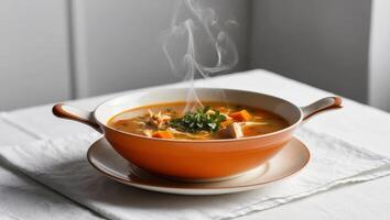 Retro dish featuring chicken soup or bone broth on a table. photo