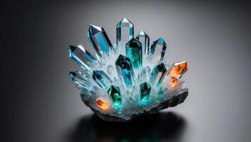 Luminous Crystal Cluster on Black Background. photo
