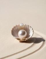Pearl Inside Shell on Sandy Beach Background. photo