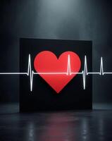Heartbeat Pulse with Red Heart Shape in Dark Background. photo