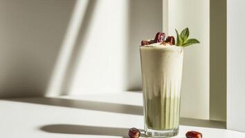 Smoothie with Dates or Date Shake in a Tall Glass - A Refreshing and Nutritious Protein Drink. photo