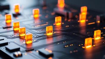 Illuminated Circuit Board with Orange Lights. photo