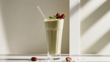 Smoothie with Dates or Date Shake in a Tall Glass - A Refreshing and Nutritious Protein Drink. photo