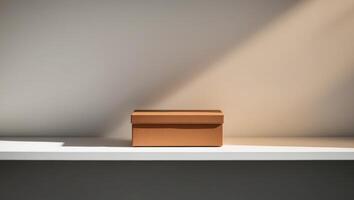 Simple Brown Box on a Shelf with Soft Shadows. photo