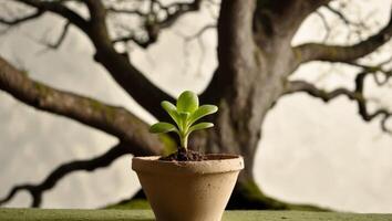 A small plant in a pot on a table photo