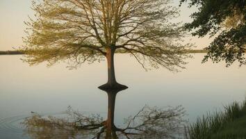 A tree is reflected in the water of a lake photo