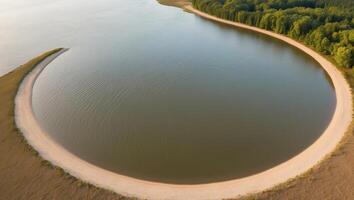 An aerial view of a lake surrounded by trees photo