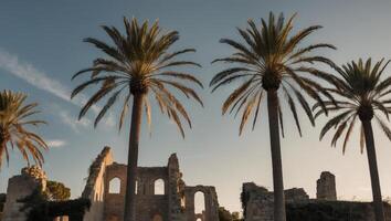 Palm trees in front of ruins in the sun photo