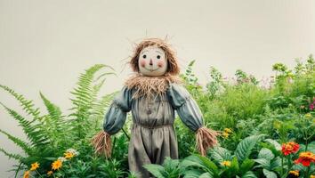 A scarecrow stands in a field of flowers photo