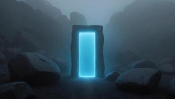 A door in the middle of a dark cave with rocks photo