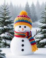A snowman wearing a colorful hat and scarf photo