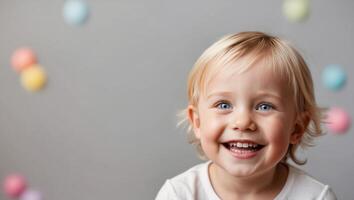 A little boy is smiling and looking up photo